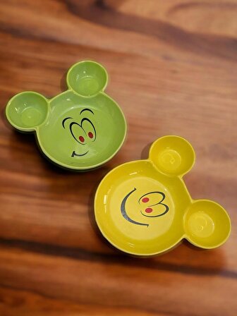 Eğlenceli Çocuk Mama, Yemek, Kahvaltı ve Pasta Tabağı 2 Adet Sarı-Yeşil