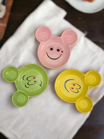 Eğlenceli Çocuk Mama, Yemek, Kahvaltı ve Pasta Tabağı 3 Adet Sarı-Yeşil-Pembe