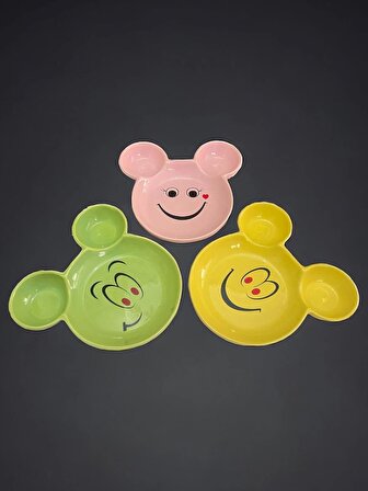 Eğlenceli Çocuk Mama, Yemek, Kahvaltı ve Pasta Tabağı 3 Adet Sarı-Yeşil-Pembe