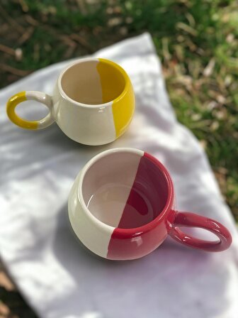 Seramik El işlemesi 2'li Sarı-Kırmızı Ece Büyük Boy Mug Kupa Kahve Fincanı