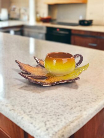Dekoratif Yaprak Figürlü Kahve Fincanı Seti Tekli