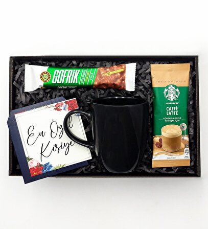 Siyah Kupa & Gofrik Çikolata  & Starbucks Premium Kahve Karışımı Hediye Seti