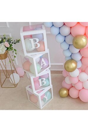 Baby Yazılı Şeffaf Beyaz Kutu Balon Seti 33 Parça, Baby Balon Kutusu Bebek Çocuk Doğum Günü Kutlama