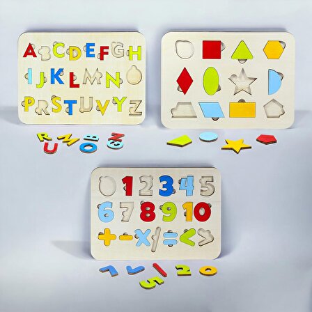 Ahşap 3’lu Eğitici Öğretici Set Yapboz Puzzle Bultak Çocuk Oyuncağı, Alfabe, Rakam, Şekil