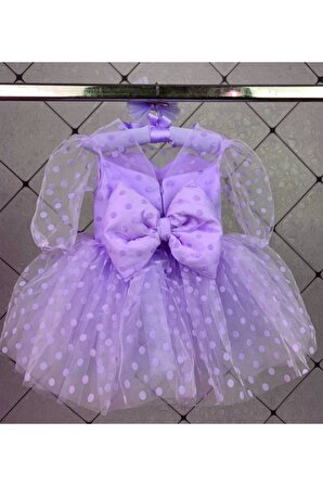 Kız Çocuk Lila Şeffaf Üstlü Flok Tüllü Kabarık Elbise