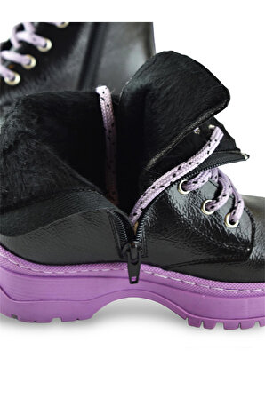 258 Ortopedik Bağcıklı Fermuarlı Kız Siyah Çocuk Bot Ayakkabı Kürklü Kız Çocuk Bot 