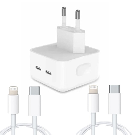 Apple Uyumlu 35 W Çift USB-C Bağlantı Noktalı Şarj Adaptörü ve 2 Adet Usb-c Lightning Şarj Kablosu 1m