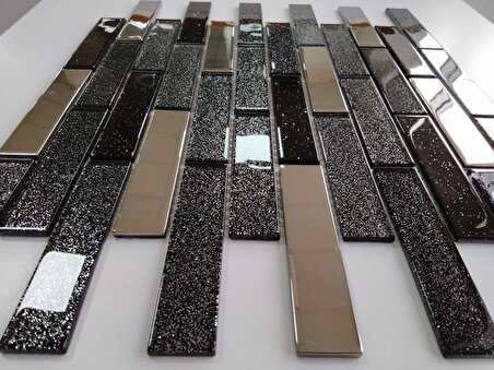 Mutfak Tezgah Arası Ve Iç Dekorasyon Için 23x98 Mm Siyah Sim, Krom Mix. Kristal Cam Mozaik.