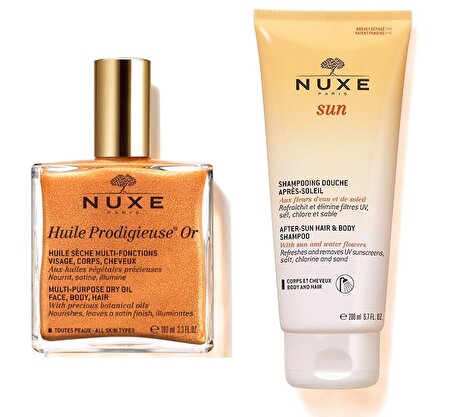 Nuxe Set 2 - Nuxe Huile Prodigieuse Or Altın Parıltılı Kuru Yağ 100 ml - Nuxe Sun Güneş Sonrası Şampuanı 200 ml