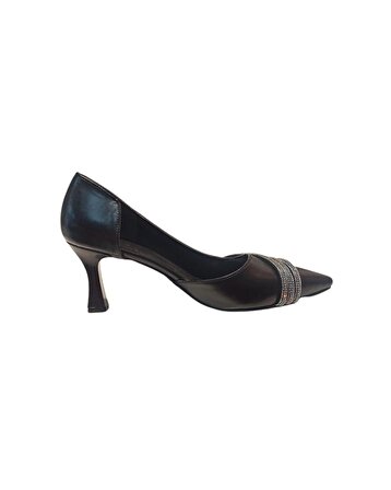 Ceylanlar Ayakkabı CM01 Zn Kadın Siyah Cilt 3 Taşlı Biyel Yanı Açık 9 Pont Topuklu Ayakkabı 