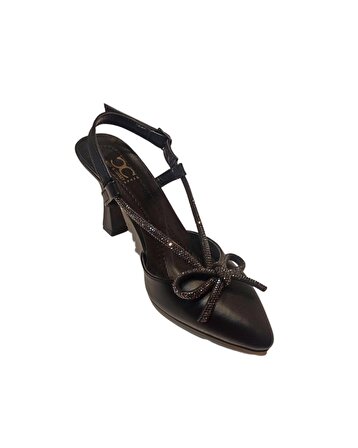 Ceylanlar Ayakkabı BJ353 Zn Kadın Siyah Cilt Fiyonk Taşlı Arka Açık 11 Pont Topuklu Ayakkabı 