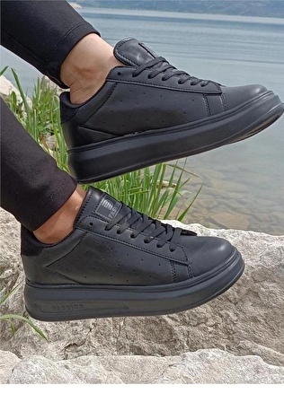 Darkstep 156 Siyah Cilt Kalın Taban Sneaker Ayakkabı  