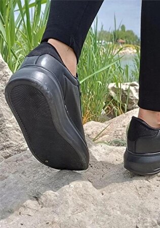 Darkstep 156 Siyah Cilt Kalın Taban Sneaker Ayakkabı  