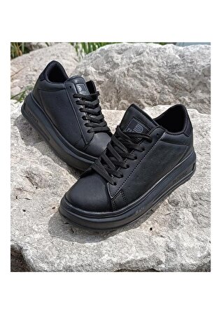Darkstep 156 Siyah Cilt Kalın Taban Sneaker Ayakkabı  