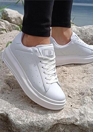 Darkstep 156 Beyaz Cilt Kalın Taban Sneaker Ayakkabı  