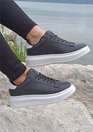 Darkstep 156 Siyah-Beyaz Cilt Kalın Taban Sneaker Ayakkabı  