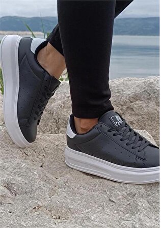 Darkstep 156 Siyah-Beyaz Cilt Kalın Taban Sneaker Ayakkabı  