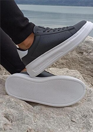 Darkstep 156 Siyah-Beyaz Cilt Kalın Taban Sneaker Ayakkabı  