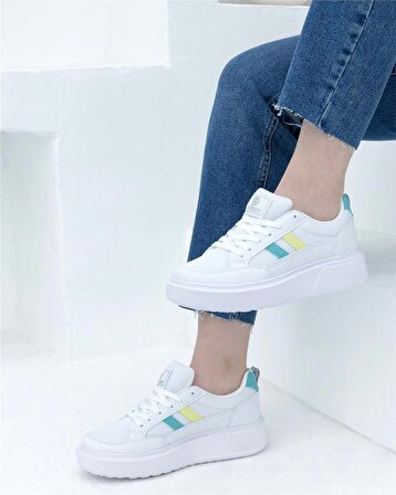 Darkstep 151 Kadın Beyaz-Sarı-S.Yeşil Anorak Kalın Taban Sneaker Ayakkabı 