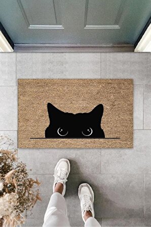 Dijital Kara Kedi Bej Kapı Paspası Dış Mekan Paspas K-3185