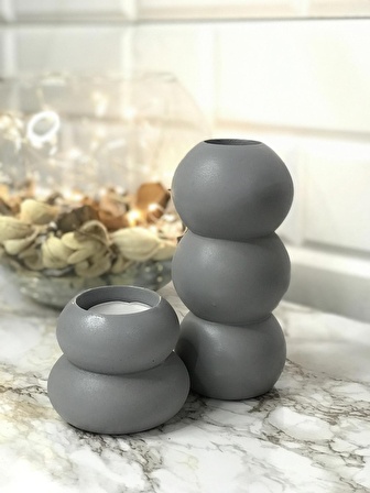 Bubble 2'Li Vazo Ve Tealight Mumluk Obje GRİ