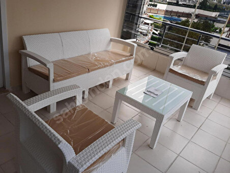 Holiday Amazon Bahçe Balkon Oturma Grubu Koltuk Takımı Rattan Görünümlü 5 Kişilik Minderli Set Beyaz AZ01