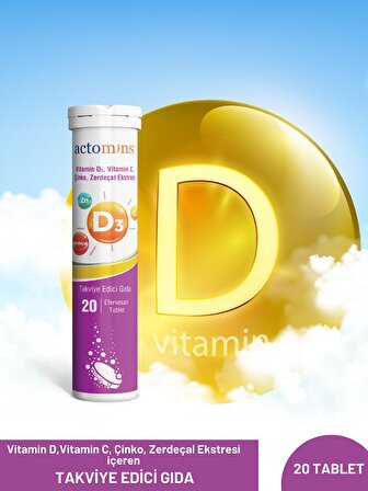 ACTOMINS® Vitamin D3 20 Efervesan Tablet |  Vit D3, Vit C, Çinko, Zerdeçal İçeren Takviye Edici Gıda