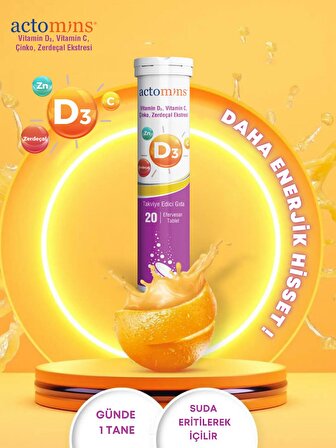 ACTOMINS® Vitamin D3 20 Efervesan Tablet |  Vit D3, Vit C, Çinko, Zerdeçal İçeren Takviye Edici Gıda