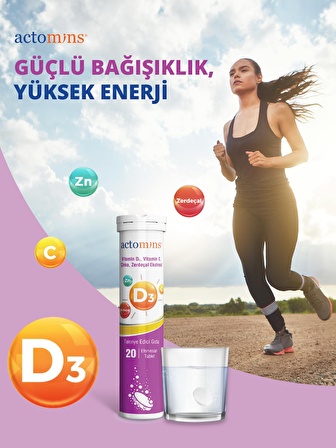 ACTOMINS® Vitamin D3 20 Efervesan Tablet |  Vit D3, Vit C, Çinko, Zerdeçal İçeren Takviye Edici Gıda