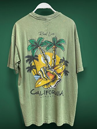 California Baskılı Yıkamalı Eskitmeli Oversize T-Shirt