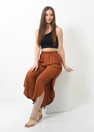 Kadın Yanı Yırtmaçlı Şalvar Pantolon Kahverengi Rengi