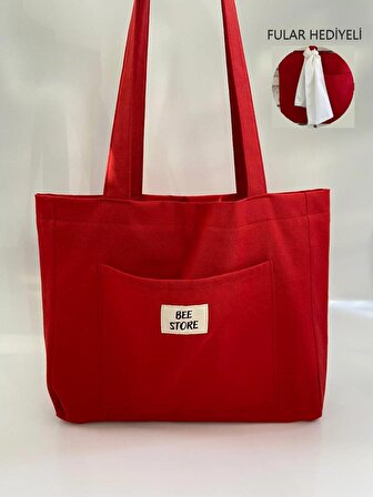Kırmızı astarlı, cepli, günlük kullanıma uygun, bez, kumaş çanta, kol ve omuz çantası