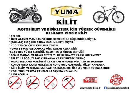 Yuma Kesilmez Motorsiklet Güvenlik Zincir Kilidi 10 mm 170 cm