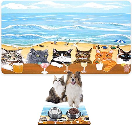 Monnhein Mama ve Su Evcil Hayvan Beslenme Matı, Kolay Temizlenen Emici Su Geçirmez Kumaş, Küçük Orta Boy ve Büyük Kedi ve Köpekler için Dayanıklı Köpek Kedi Paspas (50x35, Summer Cats)