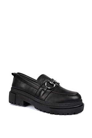 Kadın Hakiki Deri Siyah Loafer Yuvarlak Burun Bağcıksız Tokalı Yüksek Kalın Taban Ayakkabı-D112