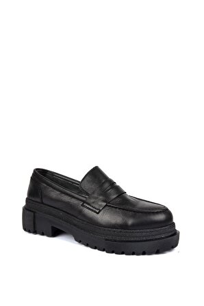Kadın Hakiki Deri Siyah Loafer Yuvarlak Burun Bağcıksız Yüksek Kalın Taban Ayakkabı-D116