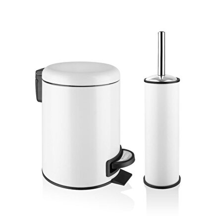 Flosoft Elit Paslanmaz Çelik 2'li Banyo Seti Beyaz (3 LT. Çöp Kovası + Tuvalet Fırçası)