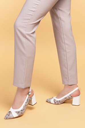 Hakiki Deri Kadın Beyaz Desenli Topuklu Ayakkabı Shn-0738