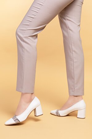 Hakiki Deri Kadın Beyaz Topuklu Ayakkabı Shn-0799