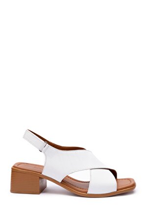 Hakiki Deri Kadın Çapraz Bantlı Topuklu Beyaz Sandalet Ayakkabı-H1002