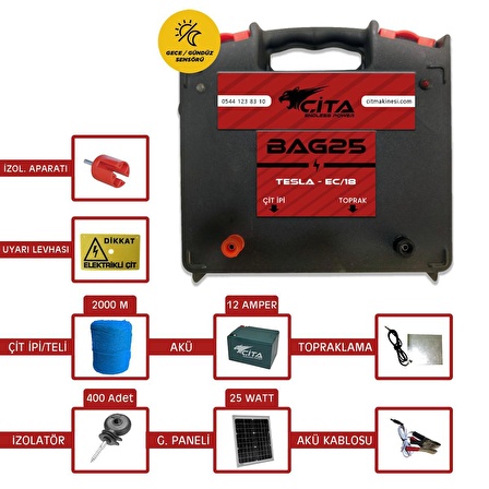 40 Dönüm için Güneş Panelli ve Akülü Hazır Elektrikli Çit Makinesi Seti