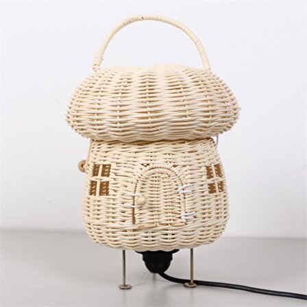 Reyo Beyaz Şapkalı Mantar Rattan Masa Lambası 22x35cm