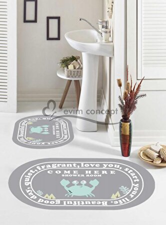 Sevimli Mavi Yengeç Desen Gri Banyo Paspası, Yazılı Banyo Paspası, Kaymaz Taban Banyo Paspası, Oval Klozet Takımı, Yıkanabilir Klozet Takımı