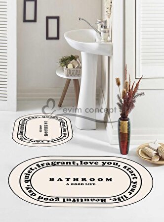 Krem Siyah Yazılı Banyo Paspası, Kaymaz Taban Banyo Paspası, Oval Klozet Takımı, Yıkanabilir Klozet Takımı, Dekoratif Banyo Paspası