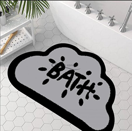 Bath Yazılı Paspas, Bulut Şekilli Banyo Paspası, Dekoratif Paspas, Gri Siyah Paspas 60x100 Paspas