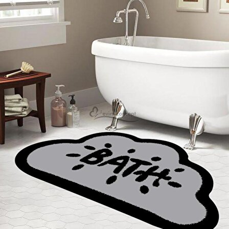 Bath Yazılı Paspas, Bulut Şekilli Banyo Paspası, Dekoratif Paspas, Gri Siyah Paspas 60x100 Paspas