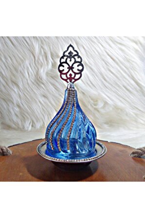 Gümüş Osmanlı Tepeli Taş Süslemeli Mavi Kristal Şekerlik