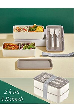 2 Katlı Krem Çatal Kaşıklı Saklama Kabı 1003 Lunch Box - Beslenme Bölmeli Yemek Kutusu