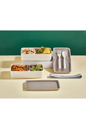 2 Katlı Krem Çatal Kaşıklı Saklama Kabı 1003 Lunch Box - Beslenme Bölmeli Yemek Kutusu