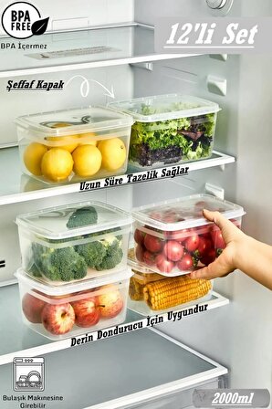 12 Adet Huge Şeffaf 2 LT Buzdolabı Saklama Kabı - Derin Dondurucuya Uygun Sebze Kutusu